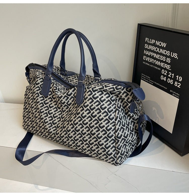 Dark Blue Stylish Geometric Pattern Travel Duffel Bag - Large Capacity Lightweight Weekender & Gym Bag - Glam Warehouse