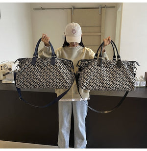 Dark Blue Stylish Geometric Pattern Travel Duffel Bag - Large Capacity Lightweight Weekender & Gym Bag - Glam Warehouse