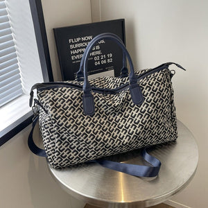 Dark Blue Stylish Geometric Pattern Travel Duffel Bag - Large Capacity Lightweight Weekender & Gym Bag - Glam Warehouse