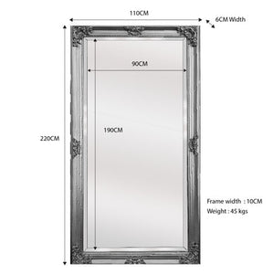 Deluxe French Provincial Ornate Mirror - Silver - X large 210cm x 110cm - Glam Warehouse