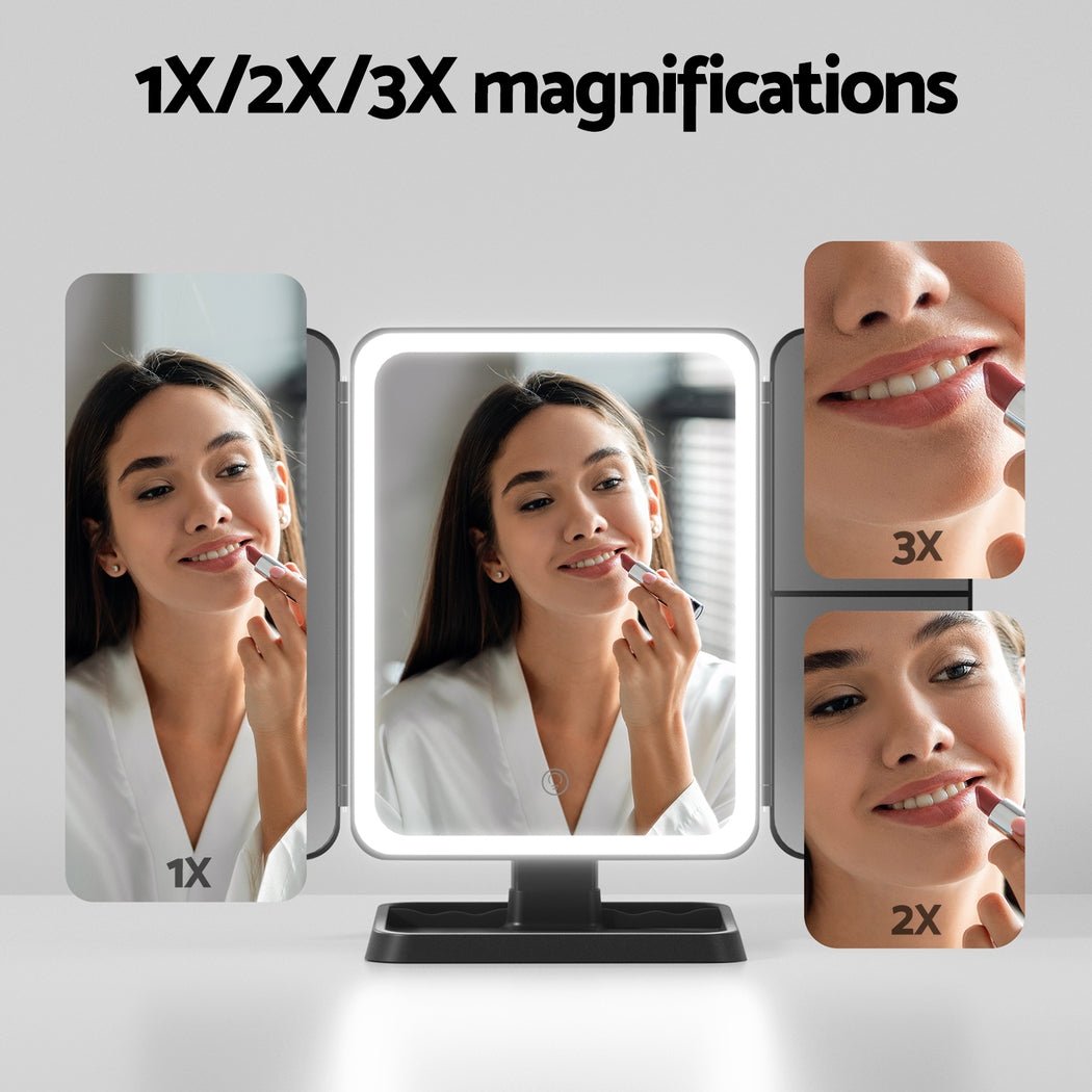 Embellir LED Makeup Mirror Tri-fold Lighted Vanity Mirrors 1X2X3X Magnifications - Glam Warehouse