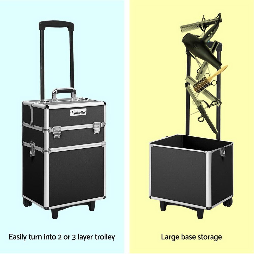 Embellir Makeup Case Beauty Trolley Cosmetic Organiser Box Travel Wheels Black - Glam Warehouse