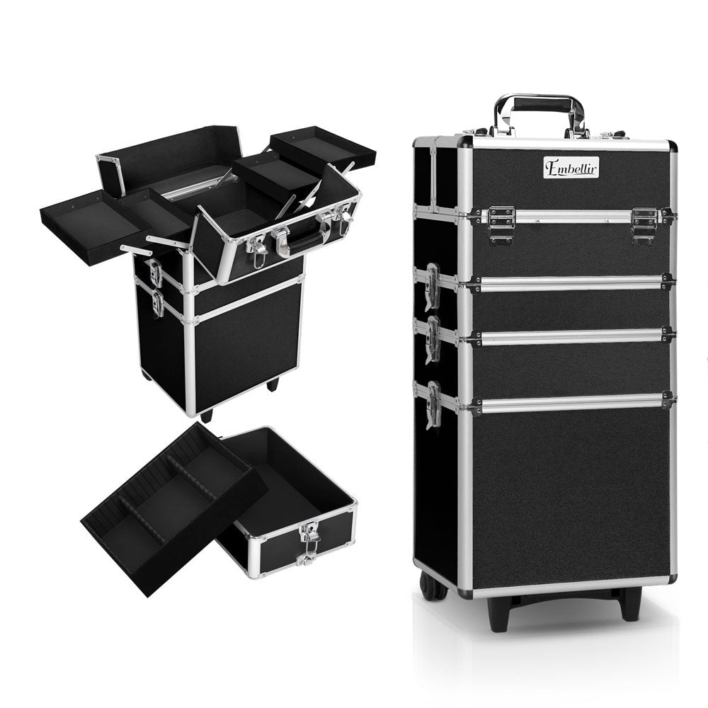 Embellir Makeup Case Beauty Trolley Cosmetic Organiser Box Travel Wheels Black - Glam Warehouse