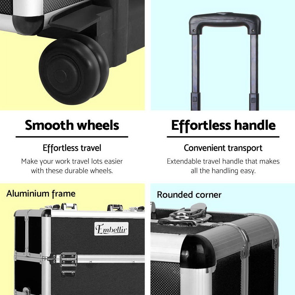 Embellir Makeup Case Beauty Trolley Cosmetic Organiser Box Travel Wheels Black - Glam Warehouse