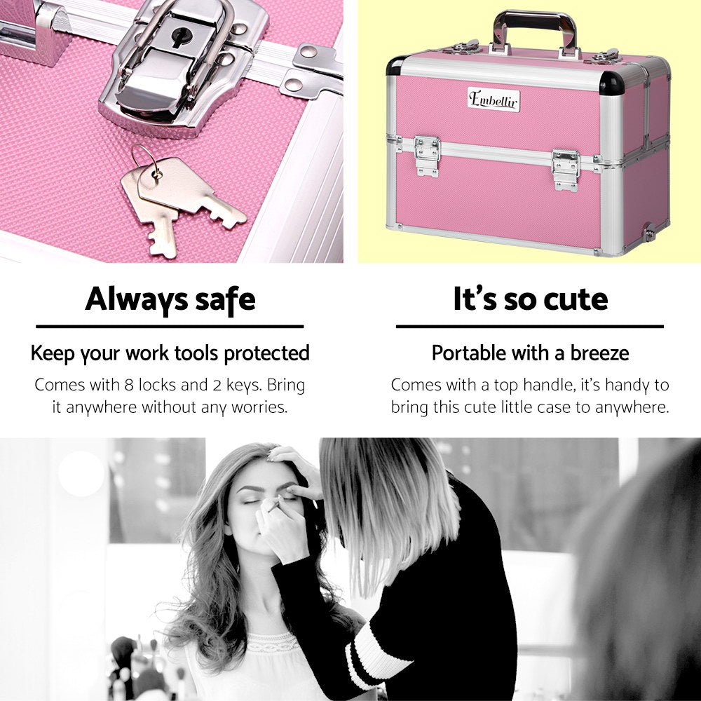 Embellir Makeup Case Beauty Trolley Cosmetic Organiser Box Travel Wheels Pink - Glam Warehouse