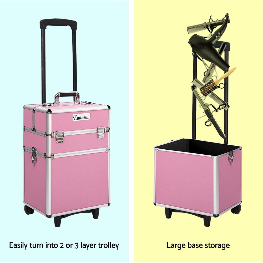 Embellir Makeup Case Beauty Trolley Cosmetic Organiser Box Travel Wheels Pink - Glam Warehouse