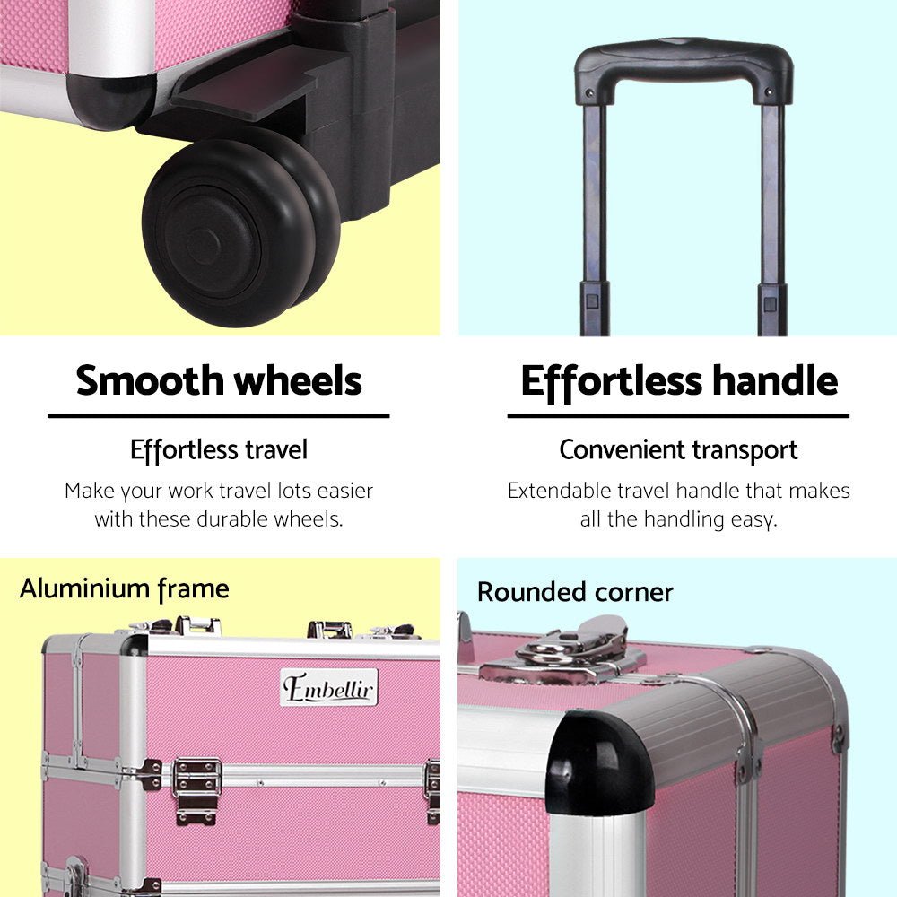Embellir Makeup Case Beauty Trolley Cosmetic Organiser Box Travel Wheels Pink - Glam Warehouse