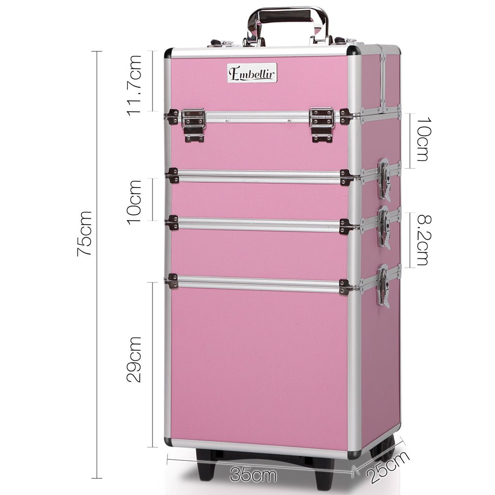 Embellir Makeup Case Beauty Trolley Cosmetic Organiser Box Travel Wheels Pink - Glam Warehouse