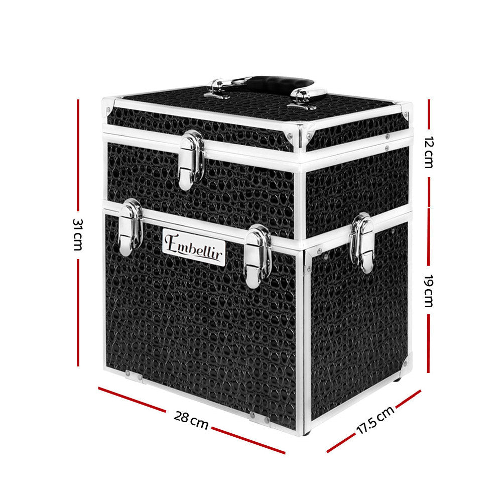 Embellir Portable Cosmetic Beauty Makeup Carry Case with Mirror - Crocodile Black - Glam Warehouse