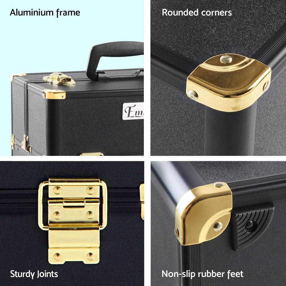 Embellir Portable Cosmetic Beauty Makeup Case - Black & Gold - Glam Warehouse