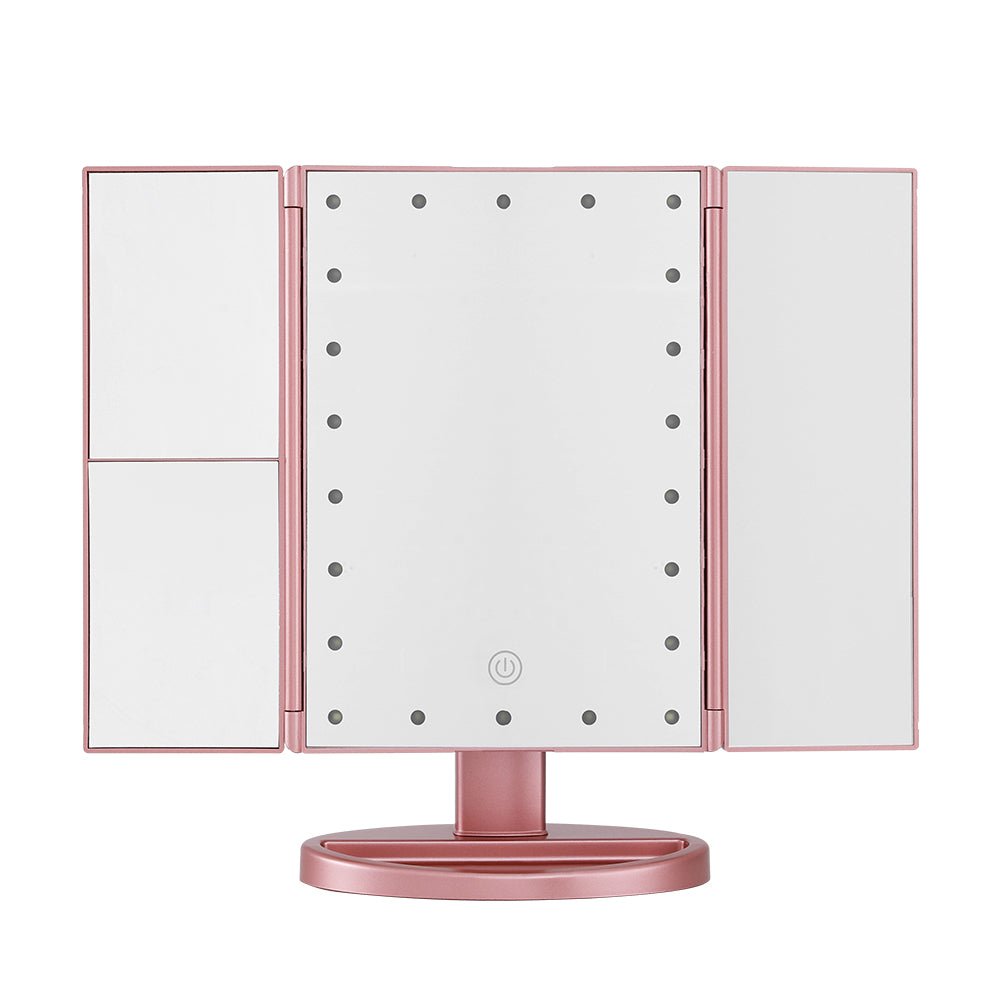 Embellir Tri-fold Makeup Mirror 1X2X3X Magnifying with LED Light Travel Portable Pink - Glam Warehouse