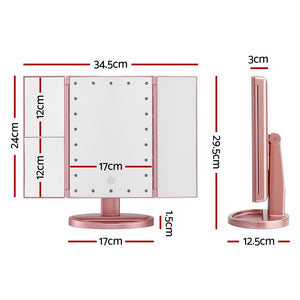 Embellir Tri-fold Makeup Mirror 1X2X3X Magnifying with LED Light Travel Portable Pink - Glam Warehouse
