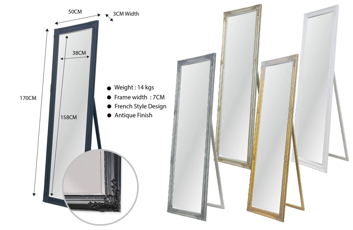 French Provincial Ornate Mirror - Antique Champagne - Free Standing 50cm x 170cm - Glam Warehouse