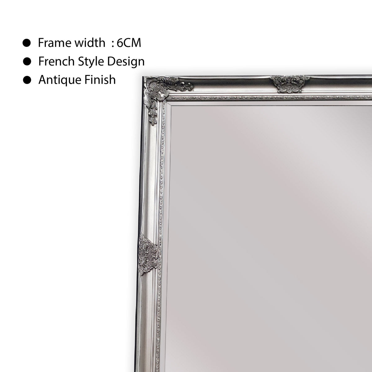 French Provincial Ornate Mirror - Antique Silver - Free Standing 50cm x 170cm - Glam Warehouse