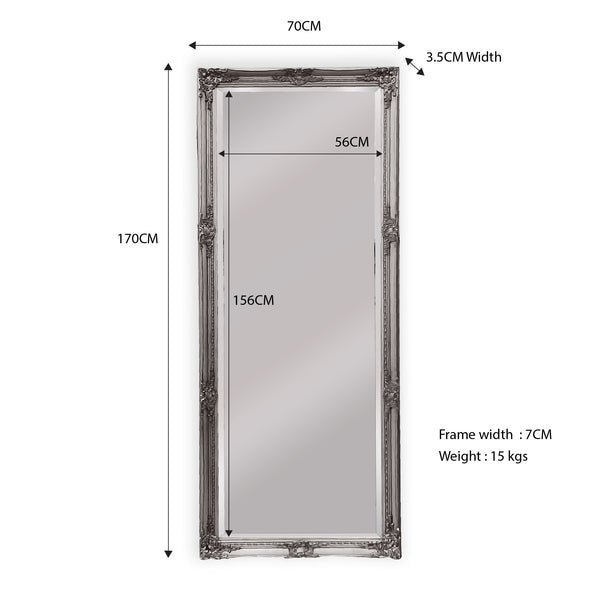 French Provincial Ornate Mirror - Antique Silver - Medium 70cm x 170cm - Glam Warehouse
