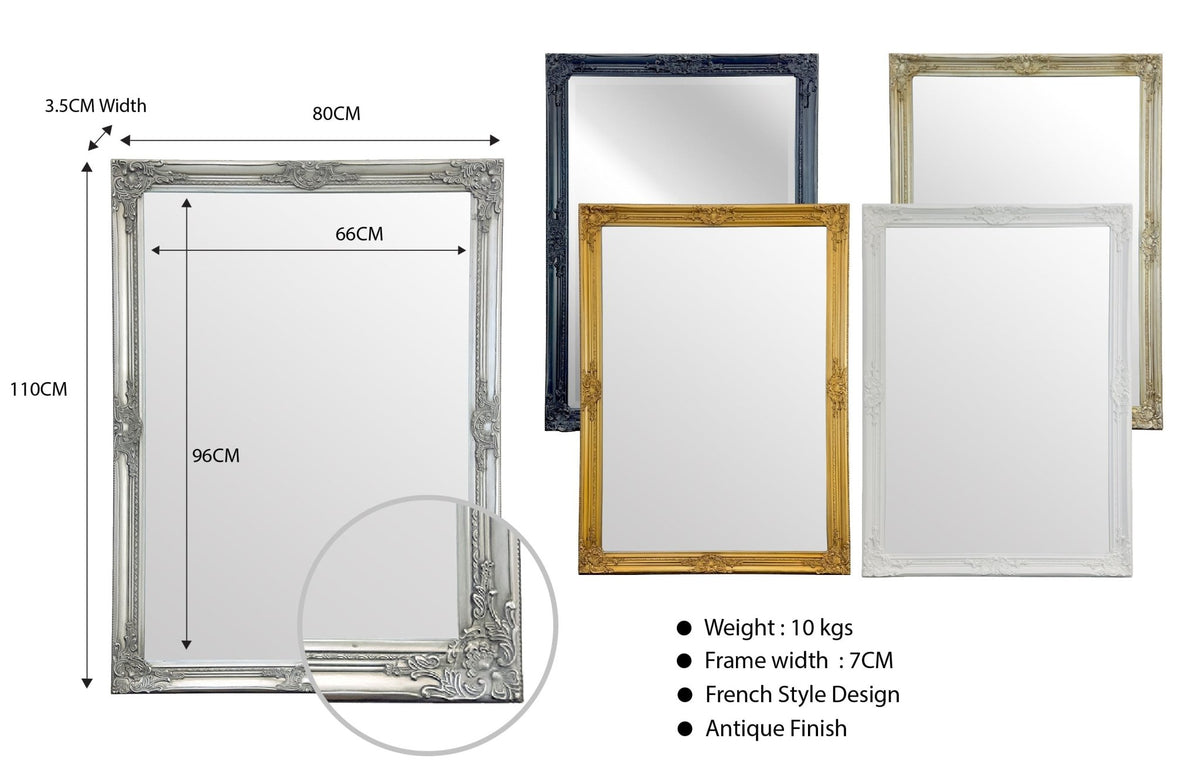 French Provincial Ornate Mirror - Antique Silver - Small 80cm x 110cm - Glam Warehouse