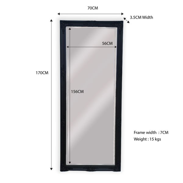 French Provincial Ornate Mirror - Black - Medium 70cm x 170cm - Glam Warehouse