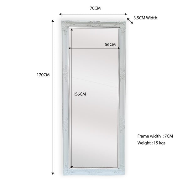 French Provincial Ornate Mirror - White - Medium 70cm x 170cm - Glam Warehouse