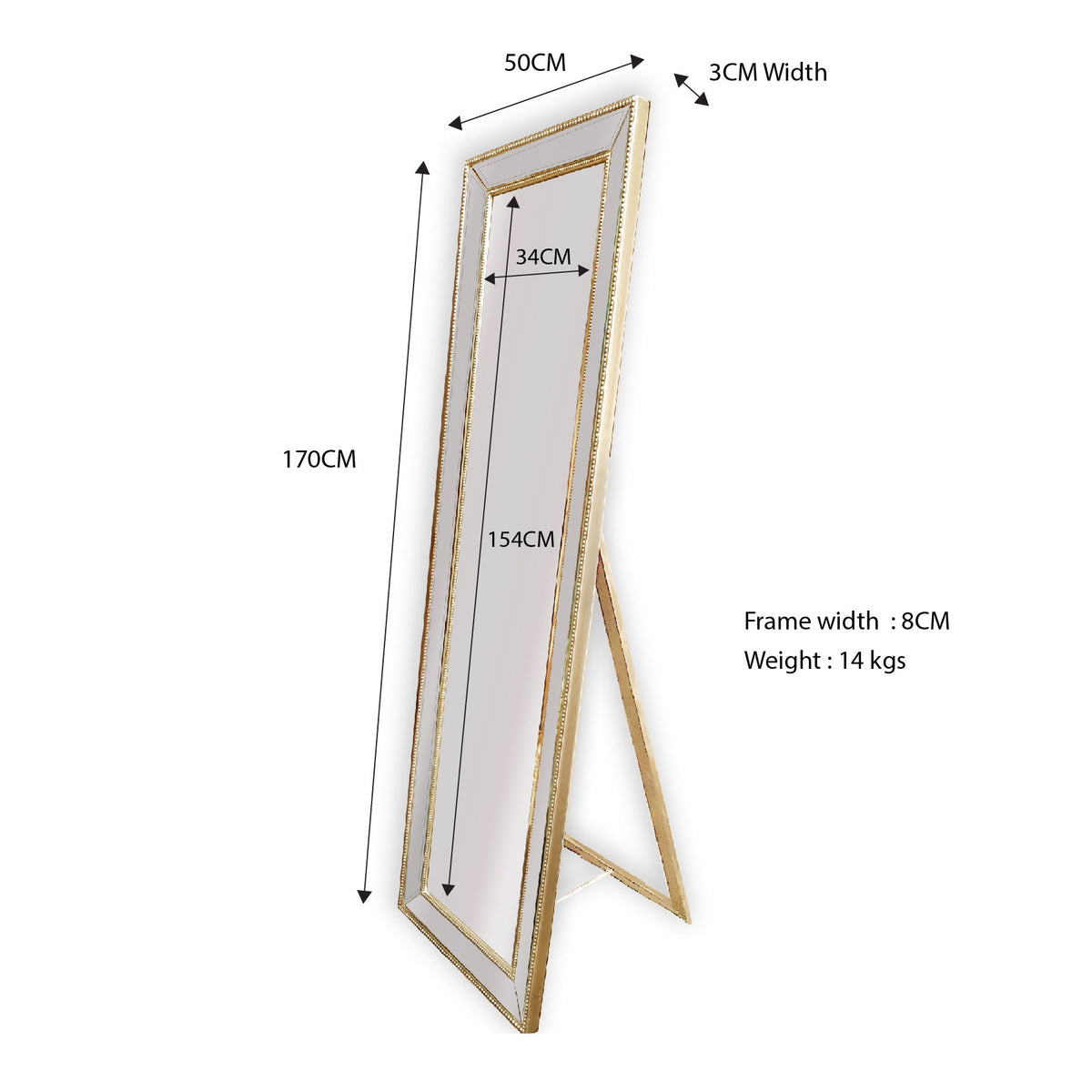Gold Beaded Framed Mirror - Free Standing 50cm x 170cm - Glam Warehouse