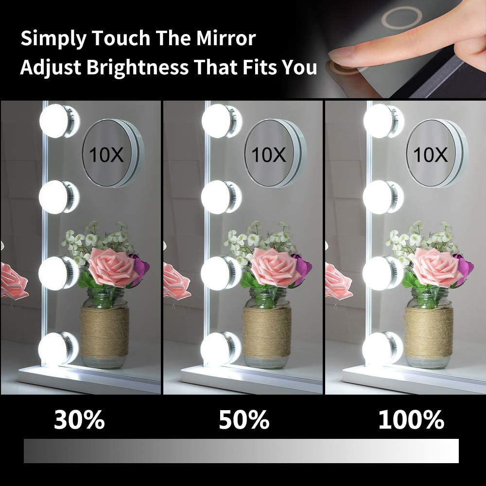 Hollywood Makeup Vanity Mirror with LED Lights and Detachable 10X Magnification Mirror (White, 62 x 51 cm) - Glam Warehouse