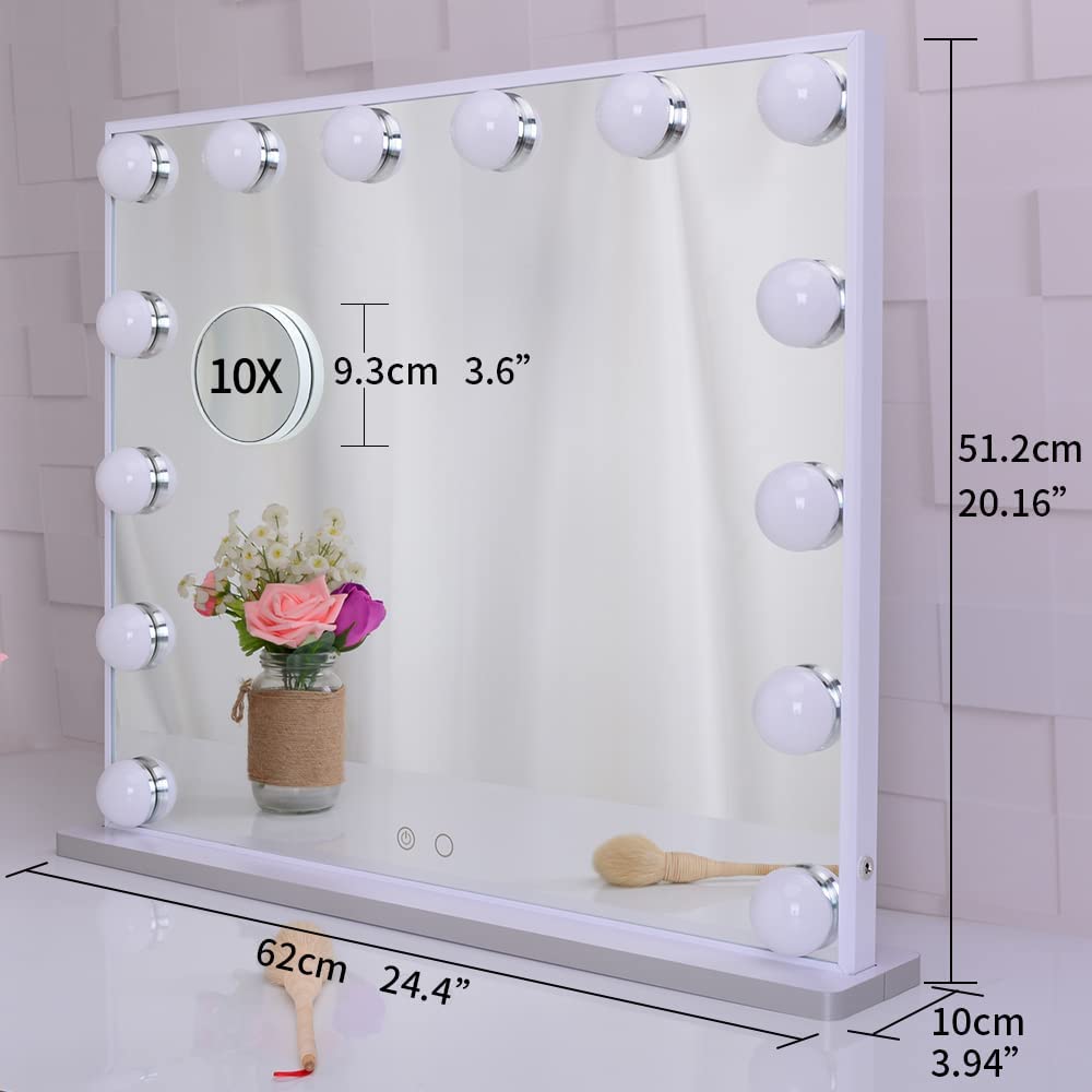 Hollywood Makeup Vanity Mirror with LED Lights and Detachable 10X Magnification Mirror (White, 62 x 51 cm) - Glam Warehouse