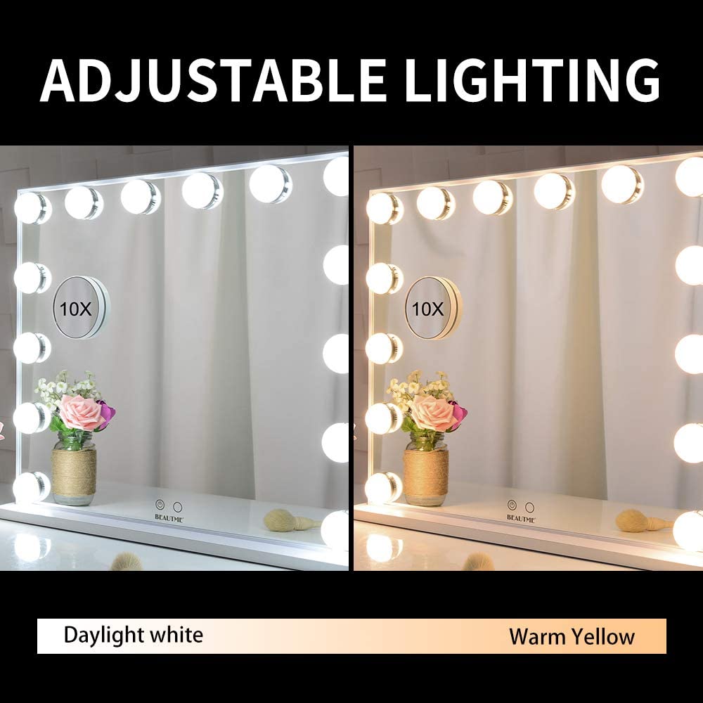 Hollywood Makeup Vanity Mirror with LED Lights and Detachable 10X Magnification Mirror (White, 62 x 51 cm) - Glam Warehouse