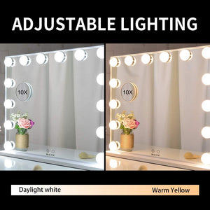 Hollywood Makeup Vanity Mirror with LED Lights and Detachable 10X Magnification Mirror (White, 62 x 51 cm) - Glam Warehouse