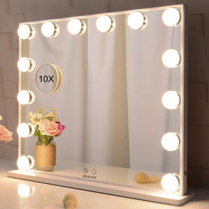 Hollywood Makeup Vanity Mirror with LED Lights and Detachable 10X Magnification Mirror (White, 62 x 51 cm) - Glam Warehouse