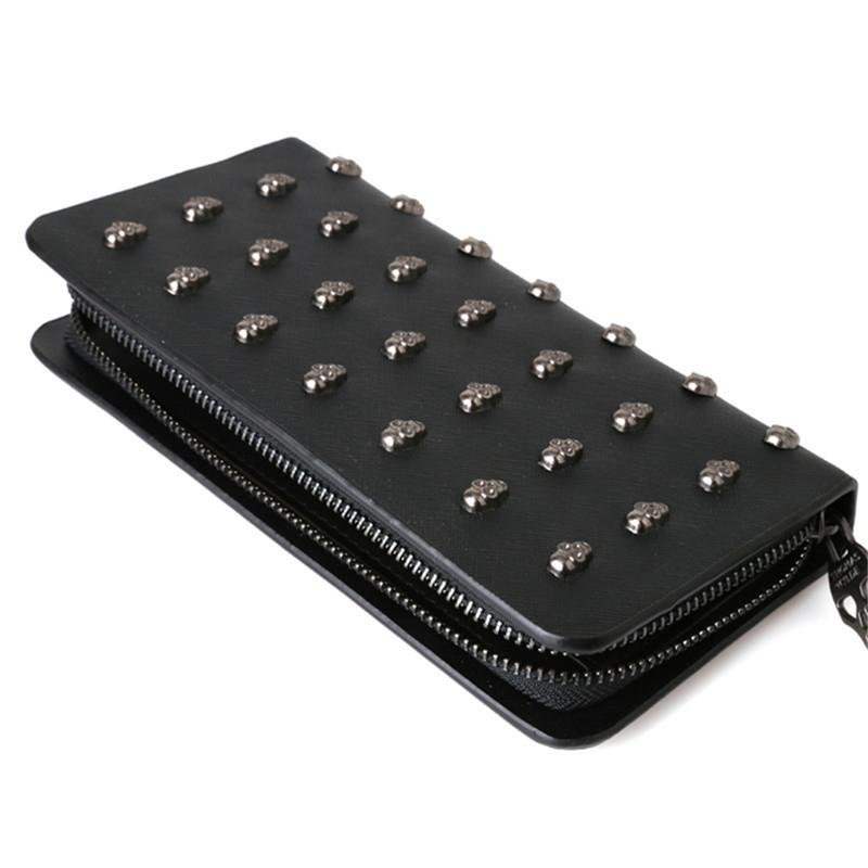 Leather Wristlet Handbag with Metal Skull Design - Glam Warehouse