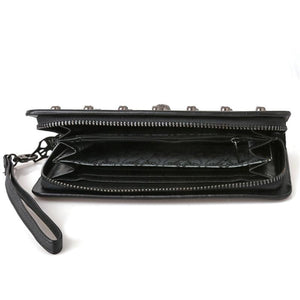 Leather Wristlet Handbag with Metal Skull Design - Glam Warehouse