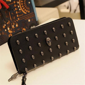 Leather Wristlet Handbag with Metal Skull Design - Glam Warehouse