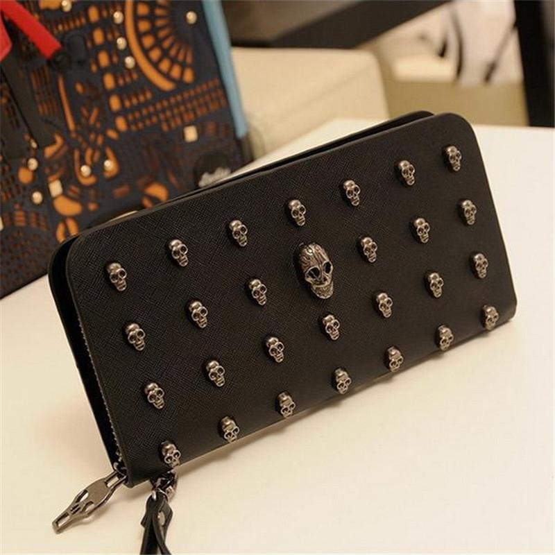Leather Wristlet Handbag with Metal Skull Design - Glam Warehouse