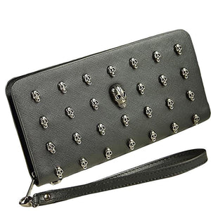 Leather Wristlet Handbag with Metal Skull Design - Glam Warehouse