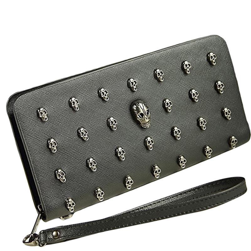 Leather Wristlet Handbag with Metal Skull Design - Glam Warehouse