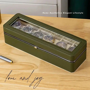 Luxury transparent-lid watch box with 6 fabric-lined Compartments. (Black) - Glam Warehouse