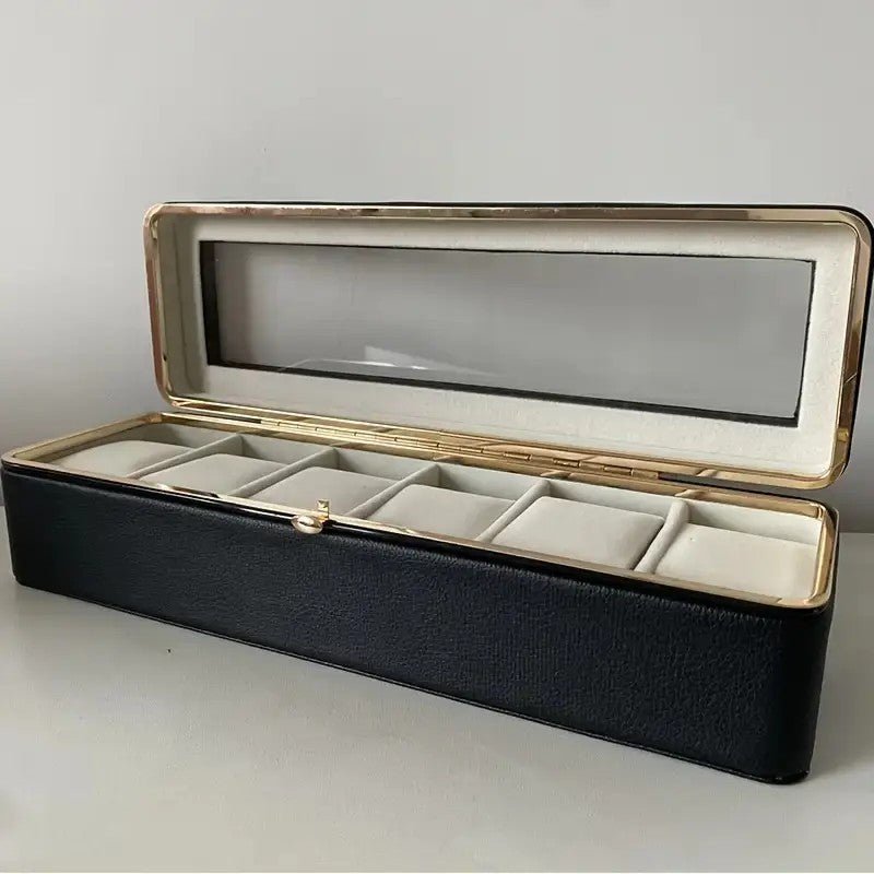 Luxury transparent-lid watch box with 6 fabric-lined Compartments. (Black) - Glam Warehouse