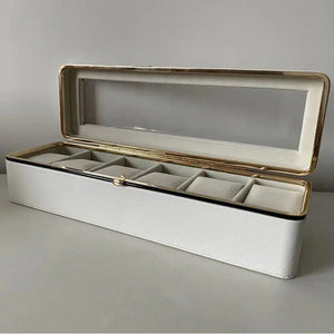 Luxury transparent-lid watch box with 6 fabric-lined Compartments. (Black) - Glam Warehouse