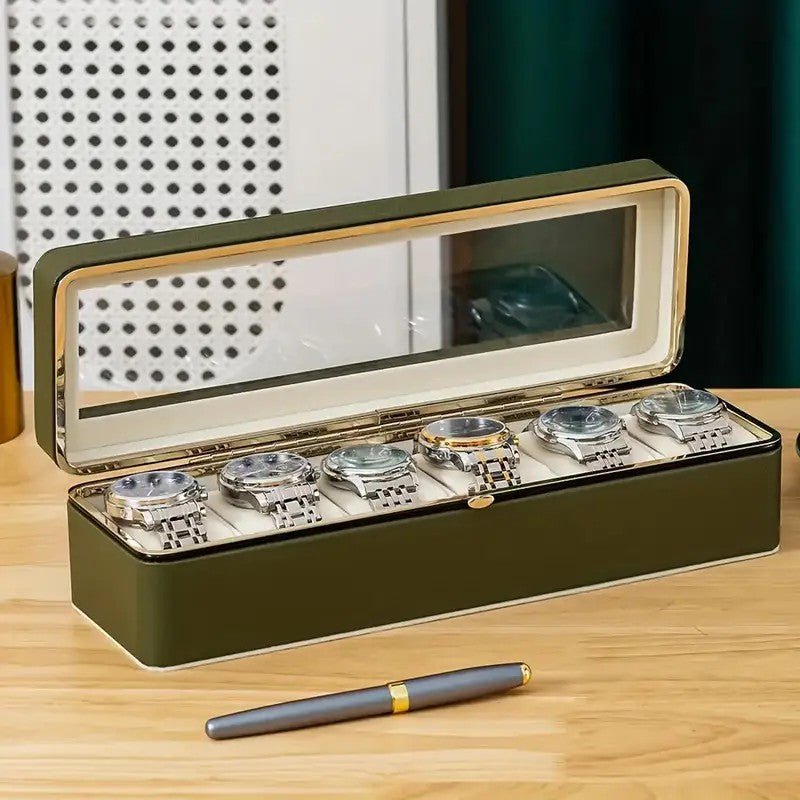 Luxury transparent-lid watch box with 6 fabric-lined Compartments. (Black) - Glam Warehouse
