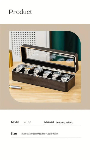 Luxury transparent-lid watch box with 6 fabric-lined Compartments. (Black) - Glam Warehouse