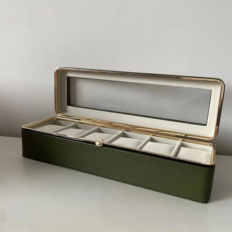 Luxury transparent-lid watch box with 6 fabric-lined compartments, portable and shockproof design, suitable for both men and women. Ideal for home, travel, or gifting—a refined storage solution for fine watches and jewelry. (Green) - Glam Warehouse