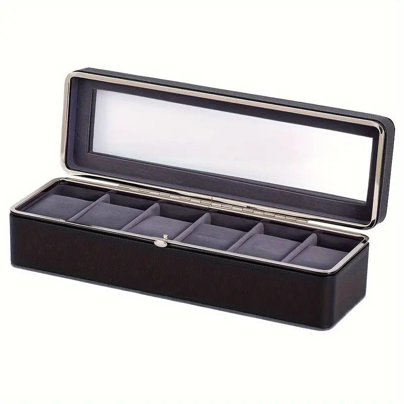 Luxury transparent-lid watch box with 6 fabric-lined compartments, portable and shockproof design, suitable for both men and women. Ideal for home, travel, or gifting—a refined storage solution for fine watches and jewelry. (White) - Glam Warehouse