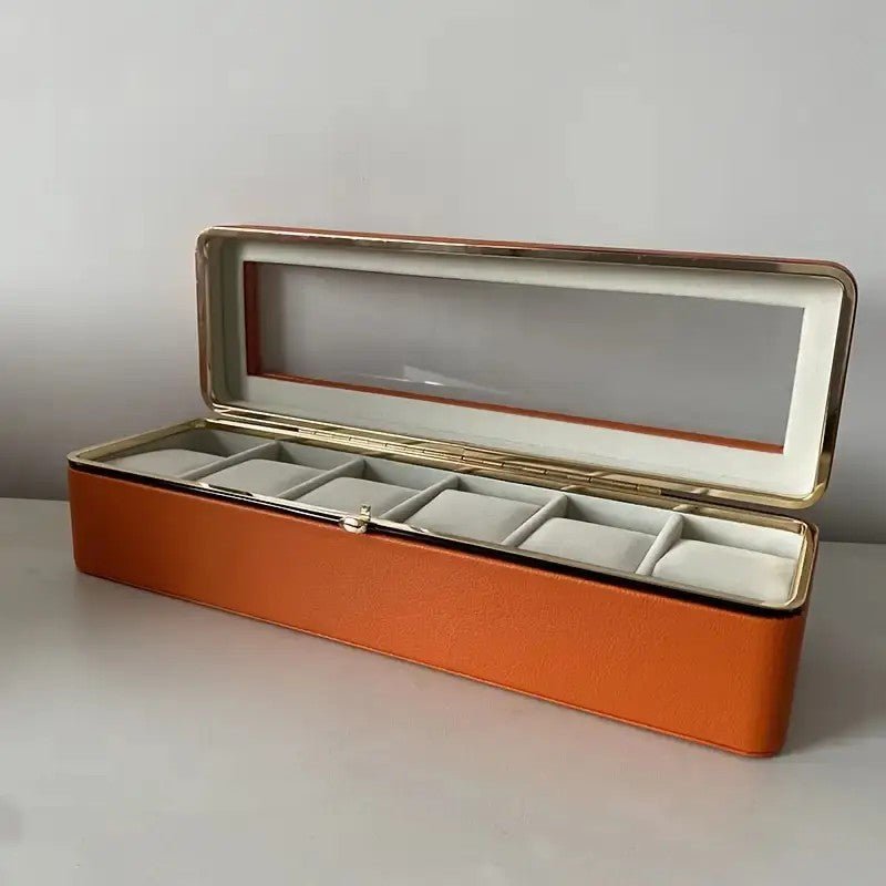 Luxury transparent-lid watch box with 6 fabric-lined compartments, portable and shockproof design, suitable for both men and women. Ideal for home, travel, or gifting—a refined storage solution for fine watches and jewelry. (brown) - Glam Warehouse