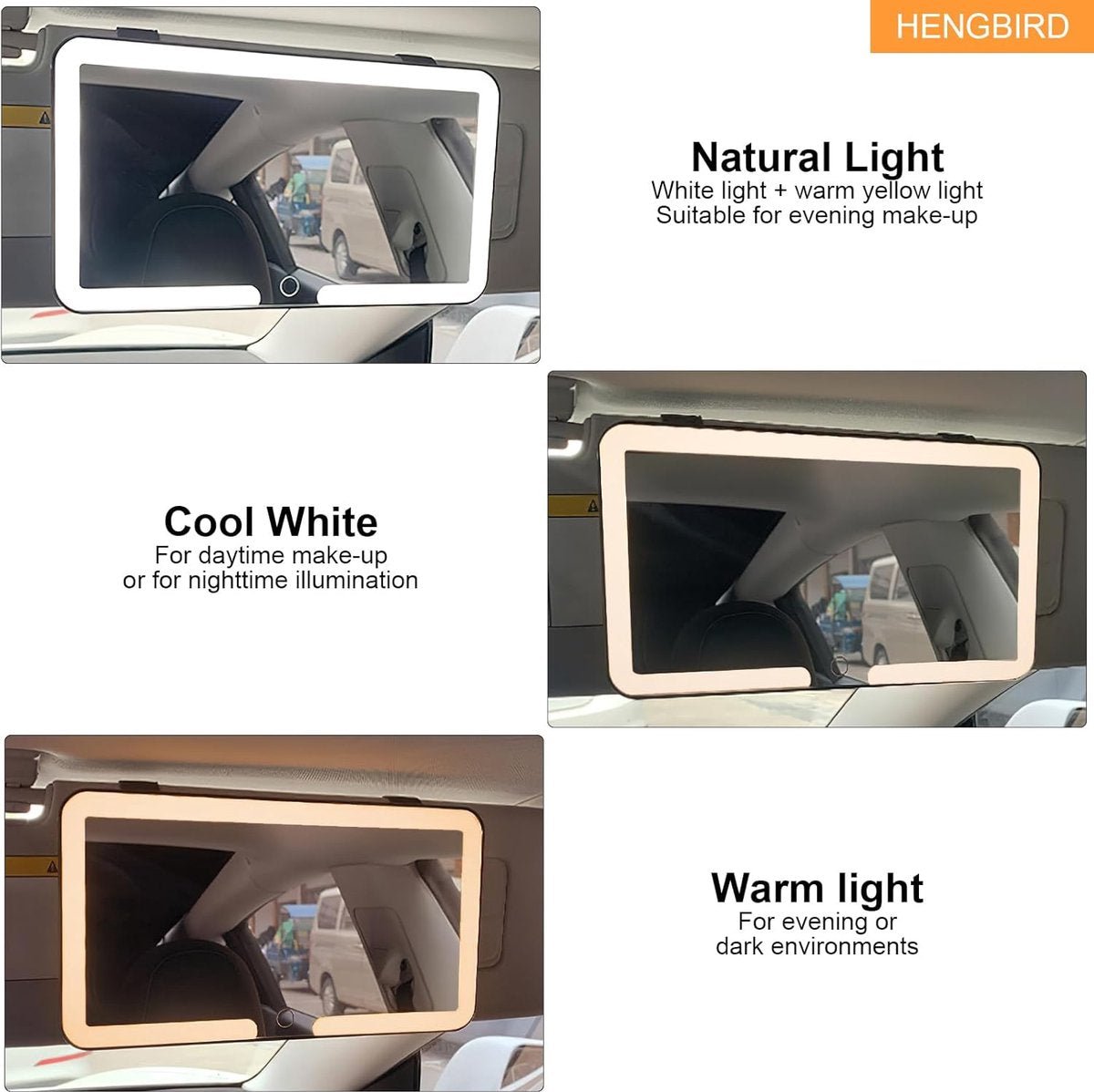 Makeup Mirror - Car Makeup Mirror - Rechargeable Car Sun Visor Mirror with LED - Sun Visor Mirror - Dimmable - Adjustable 3 Light Modes - Car Interior - Makeup Mirror with LED Lighting - Universal Sun Visor Mirror - Handy In Car - 23.5x - Glam Warehouse