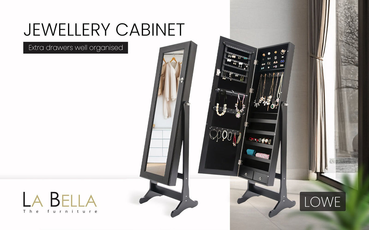 Mirror Jewellery Cabinet Organiser 2 Drawers LOWE 146cm BLACK - Glam Warehouse