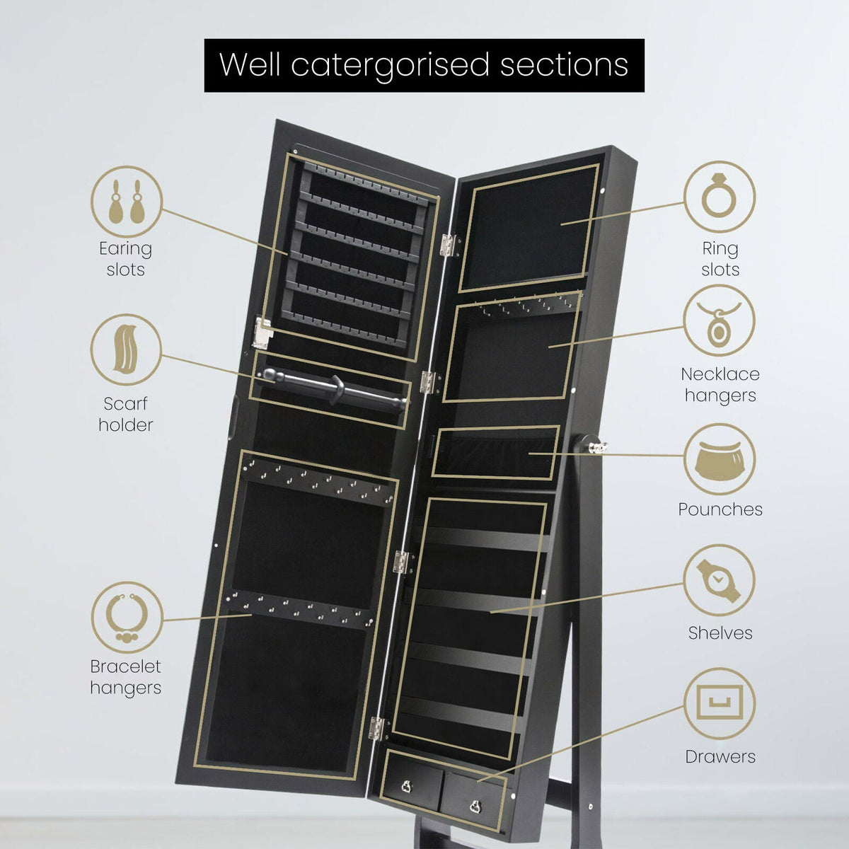 Mirror Jewellery Cabinet Organiser 2 Drawers LOWE 146cm BLACK - Glam Warehouse