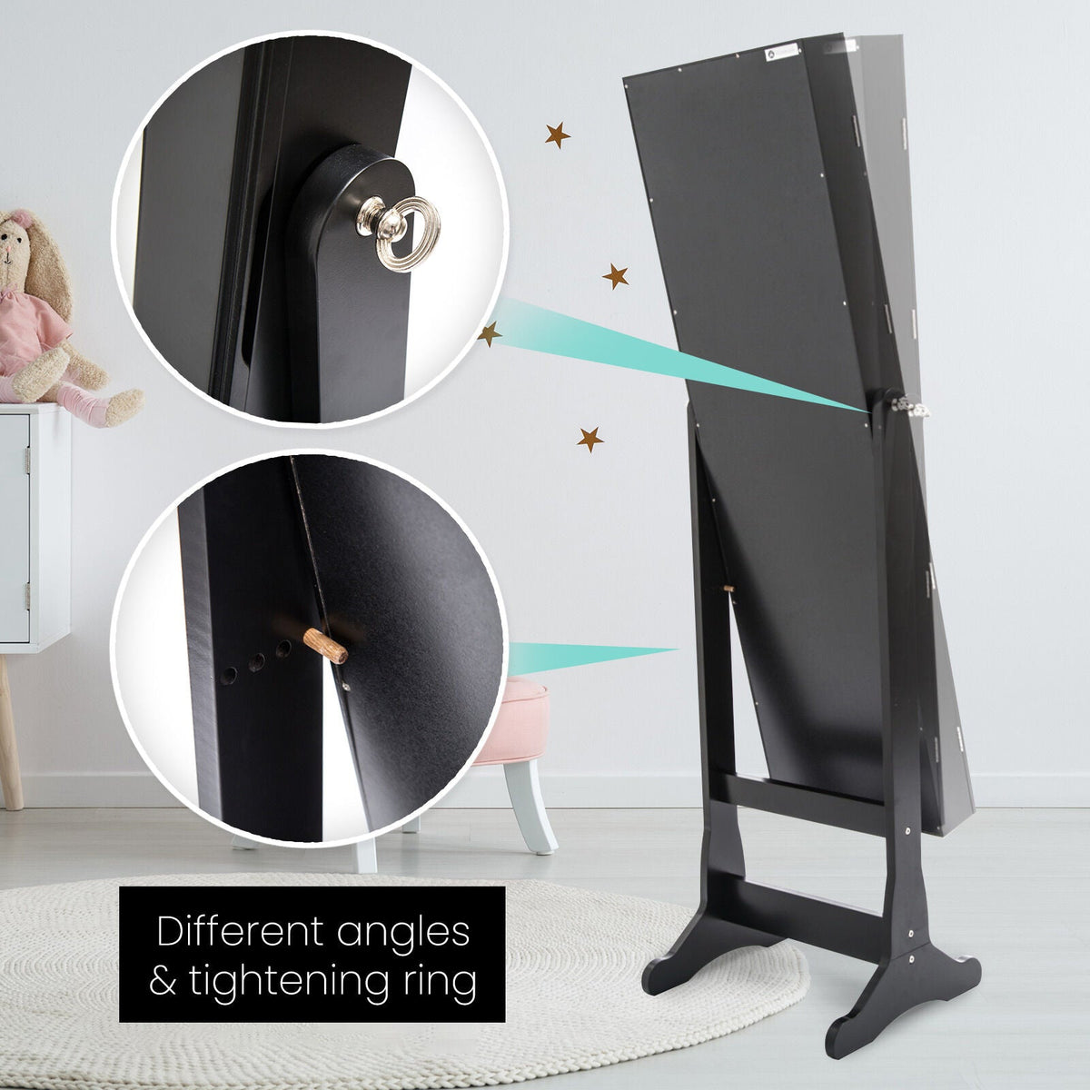 Mirror Jewellery Cabinet Organiser 2 Drawers LOWE 146cm BLACK - Glam Warehouse