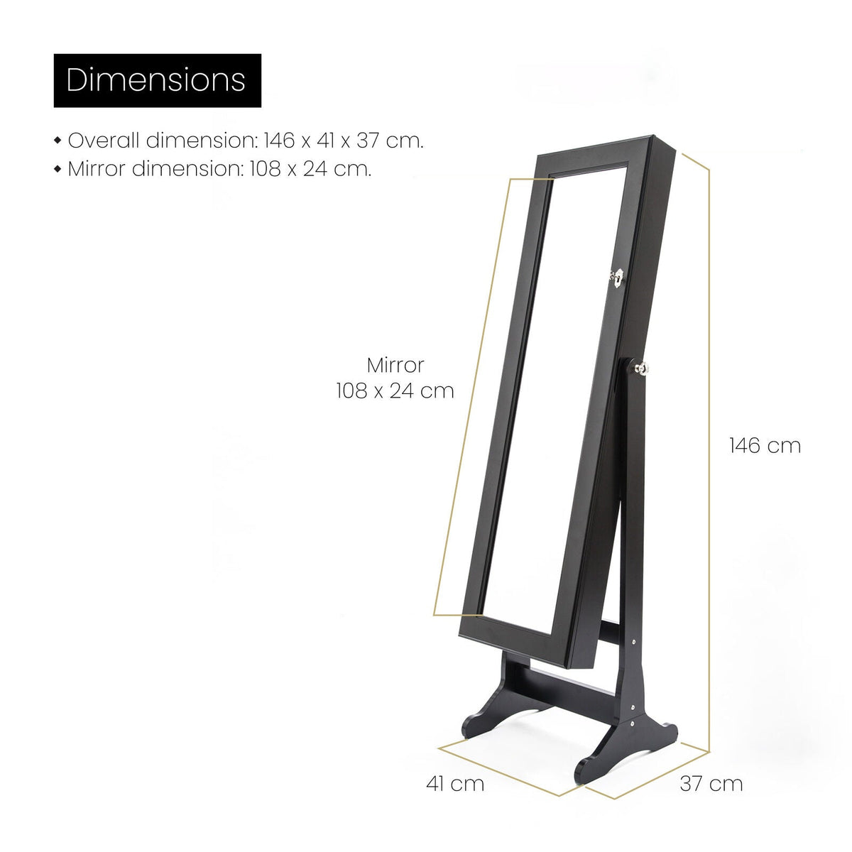 Mirror Jewellery Cabinet Organiser 2 Drawers LOWE 146cm BLACK - Glam Warehouse