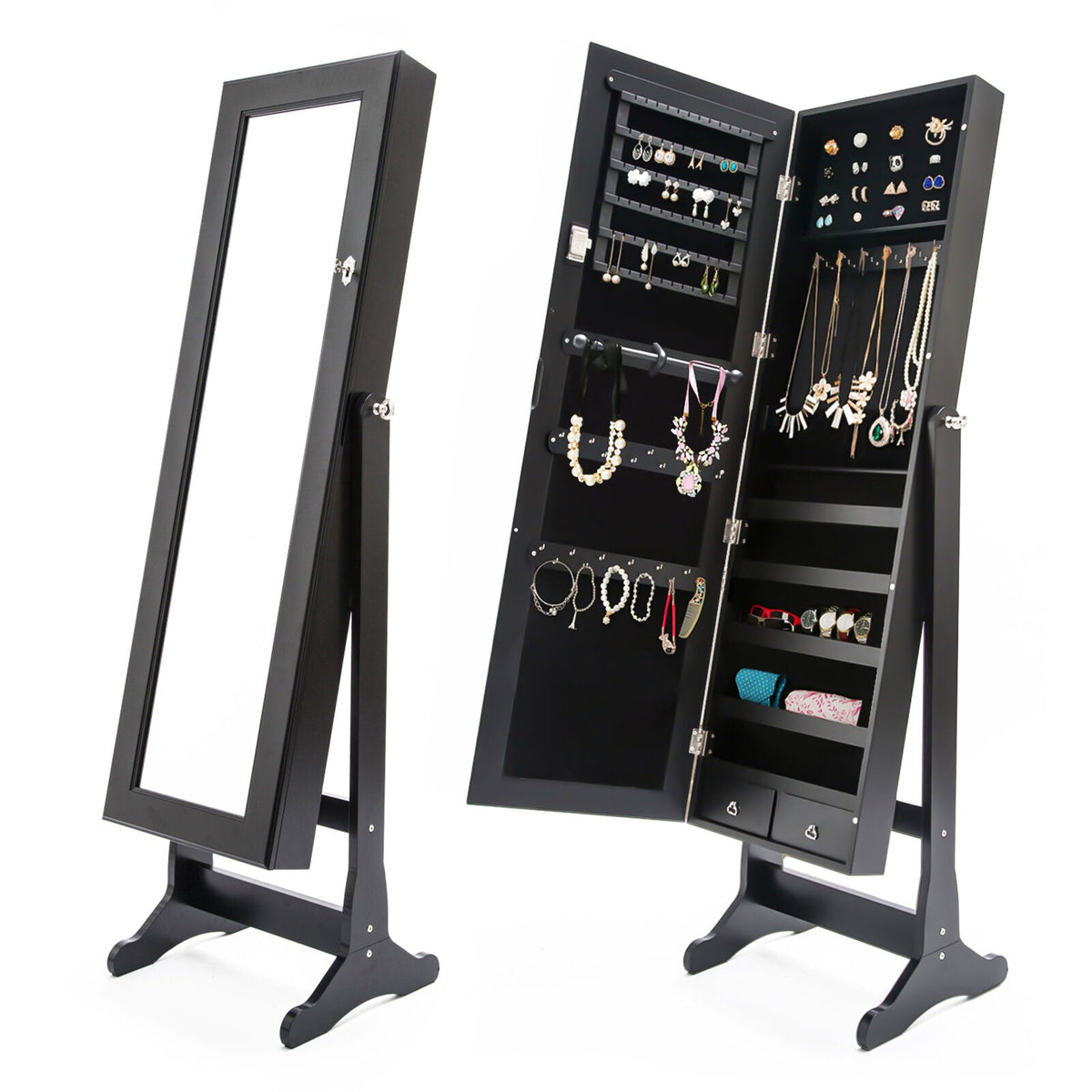 Mirror Jewellery Cabinet Organiser 2 Drawers LOWE 146cm BLACK - Glam Warehouse