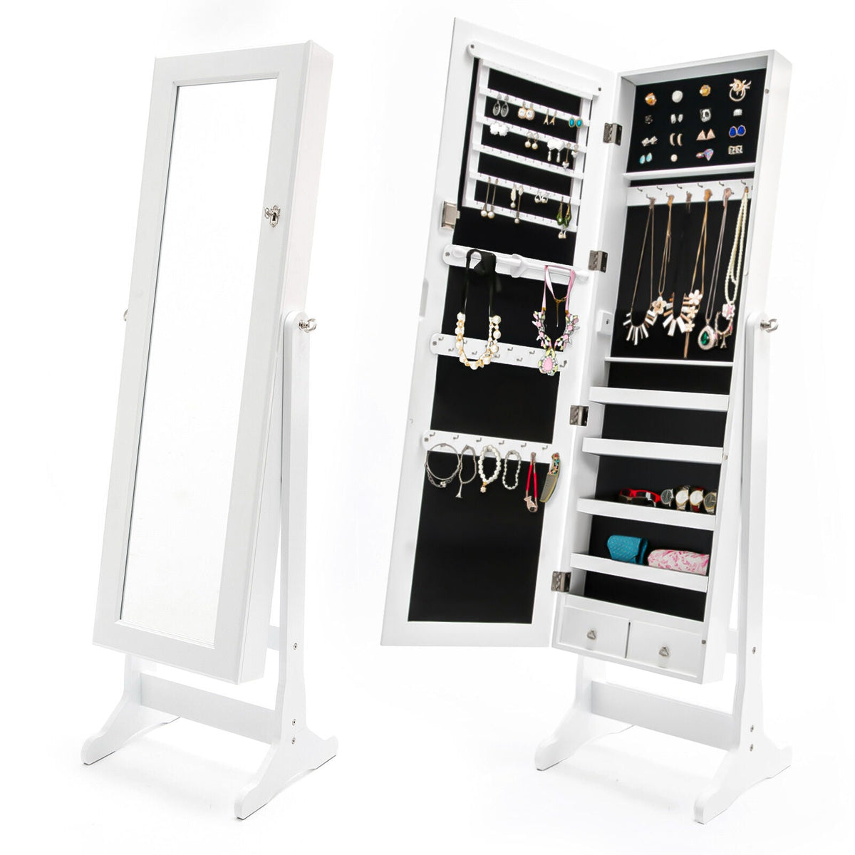 Mirror Jewellery Cabinet Organiser 2 Drawers LOWE 146cm WHITE - Glam Warehouse