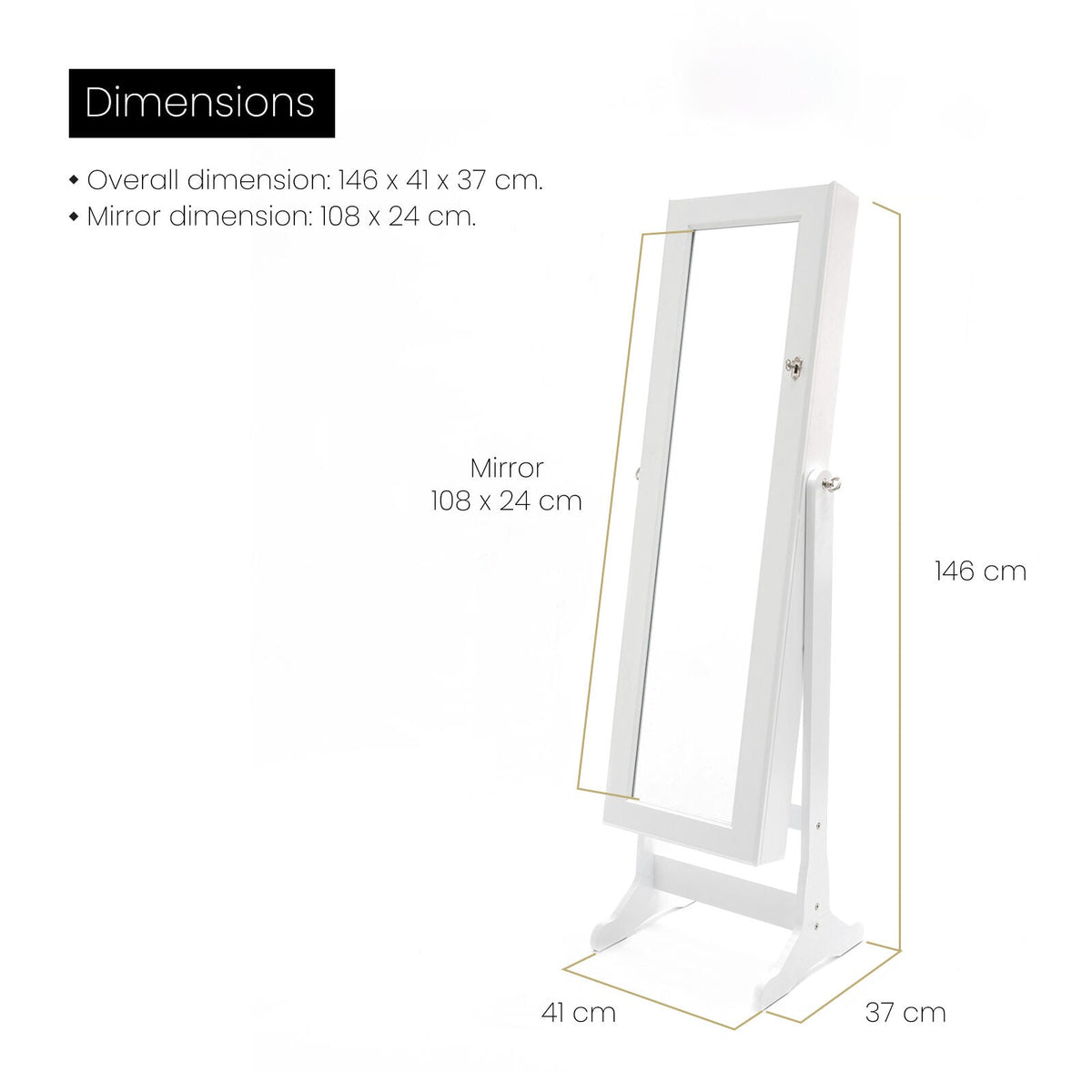 Mirror Jewellery Cabinet Organiser 2 Drawers LOWE 146cm WHITE - Glam Warehouse